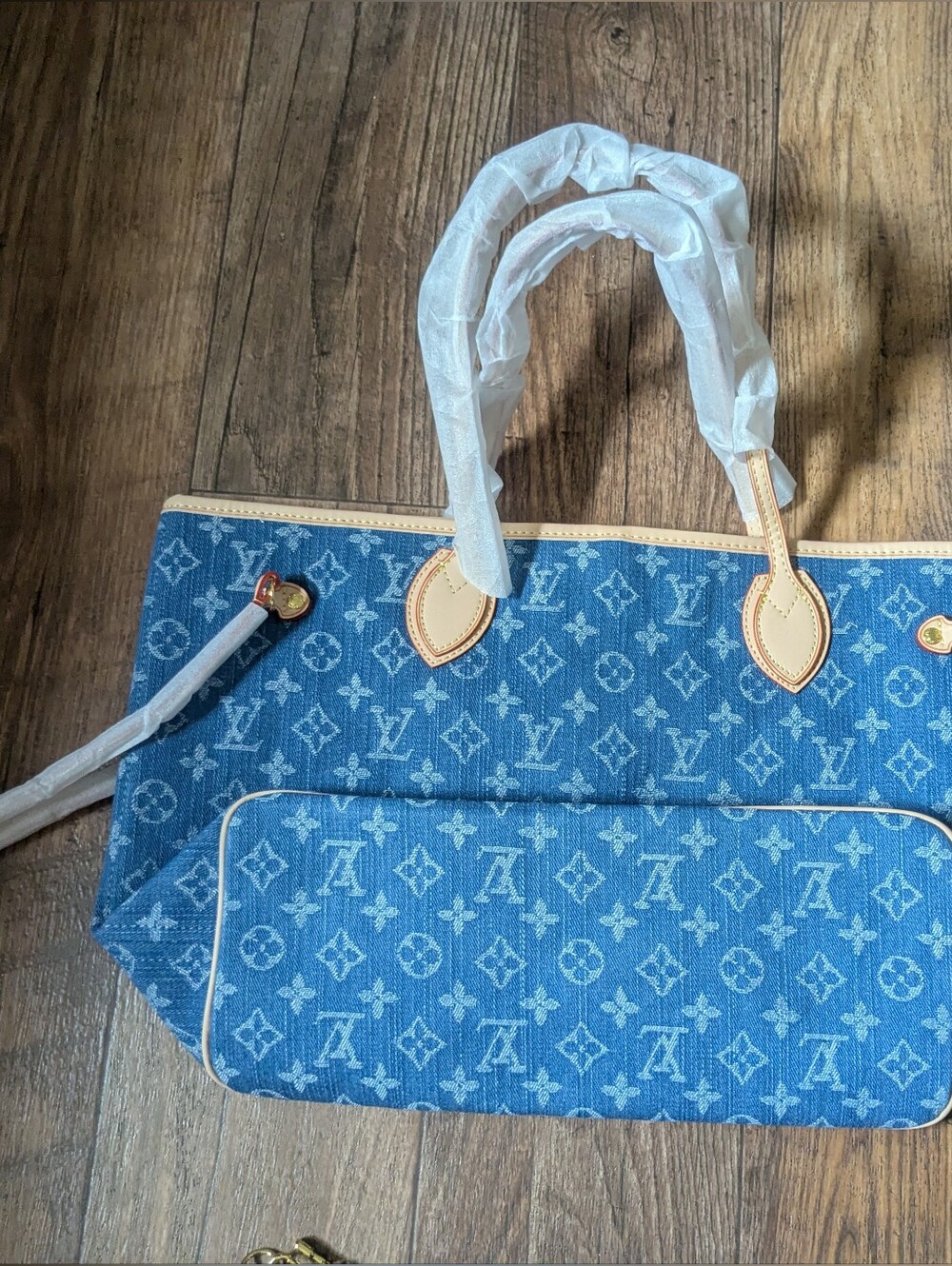 Blue Monogram Denim Jean Tote Bag Purse with Matching Wristlet Pouch 3 Piece Set - Picture 8 of 16